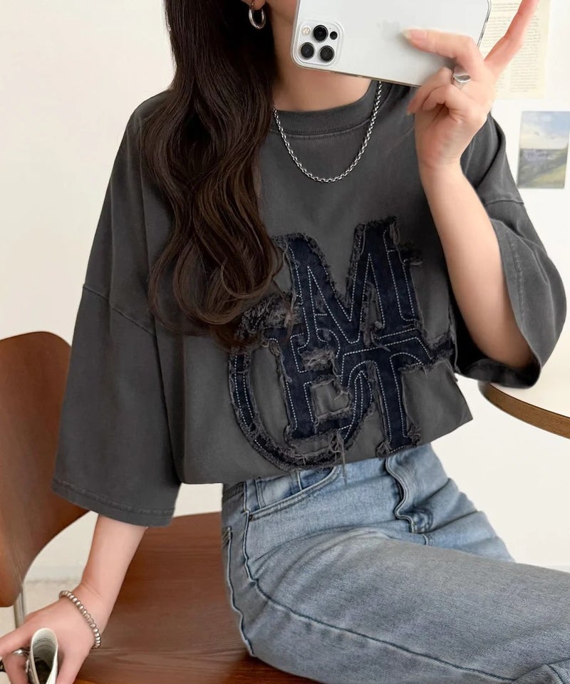 Classical Elf 【mily bilet】いつものカジュアルに、遊びをひとさじ。デニムフリンジワッペン使いコットン100%オーバーサイズTシャツ（半袖）商品画像-20