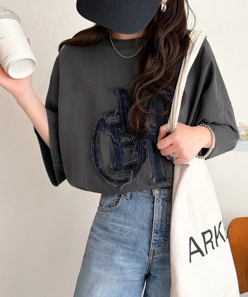 Classical Elf 【mily bilet】いつものカジュアルに、遊びをひとさじ。デニムフリンジワッペン使いコットン100%オーバーサイズTシャツ(半袖)商品画像-22