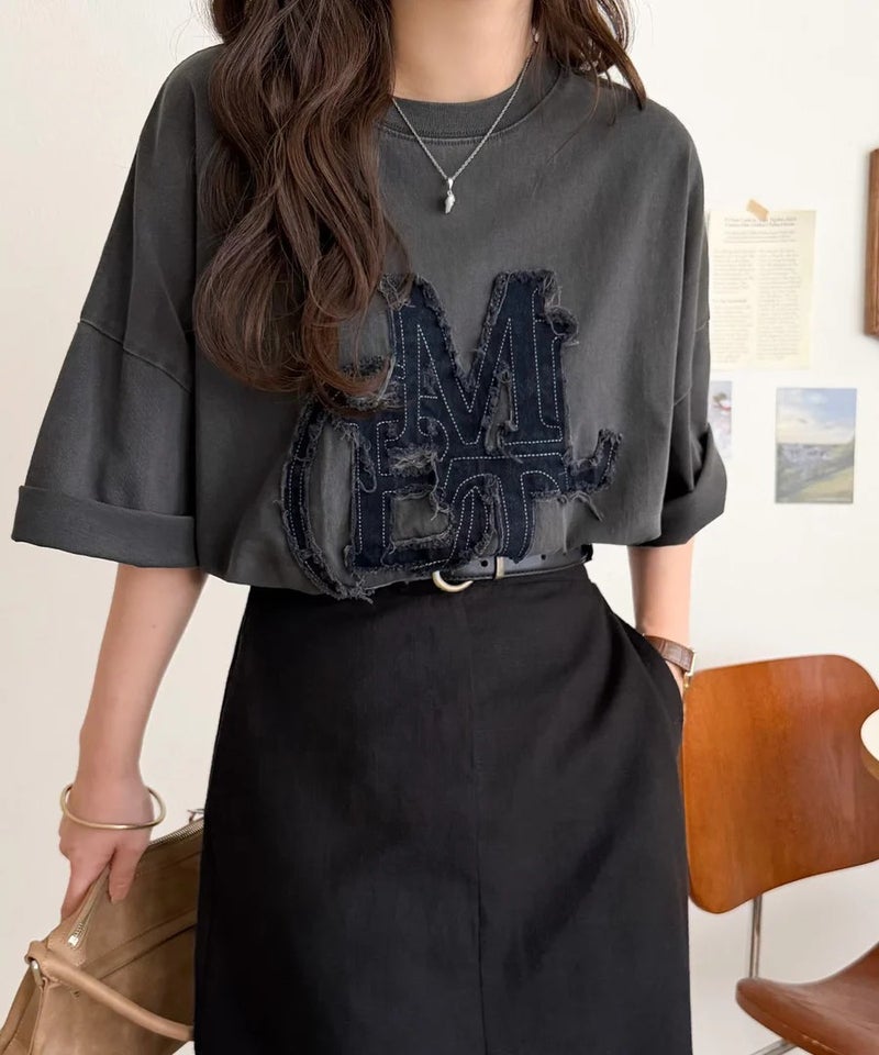 Classical Elf 【mily bilet】いつものカジュアルに、遊びをひとさじ。デニムフリンジワッペン使いコットン100%オーバーサイズTシャツ(半袖)商品画像-23