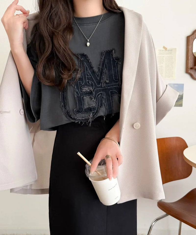 Classical Elf 【mily bilet】いつものカジュアルに、遊びをひとさじ。デニムフリンジワッペン使いコットン100%オーバーサイズTシャツ(半袖)商品画像-25