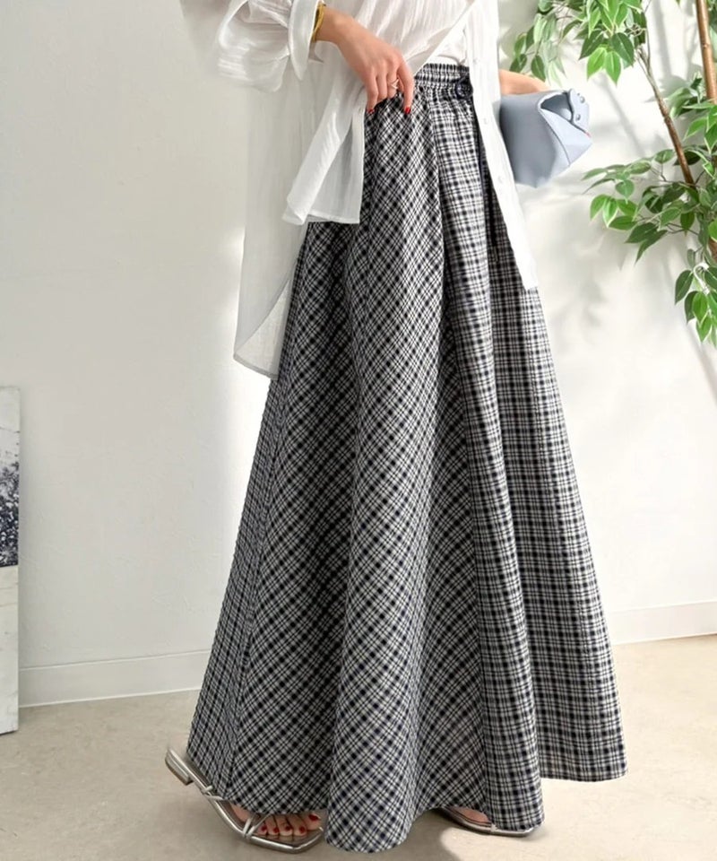 Classical Elf　爽やかに、軽やかに！大人の春夏スカート。サッカーチェックバイヤス切替フレアスカート商品画像-4