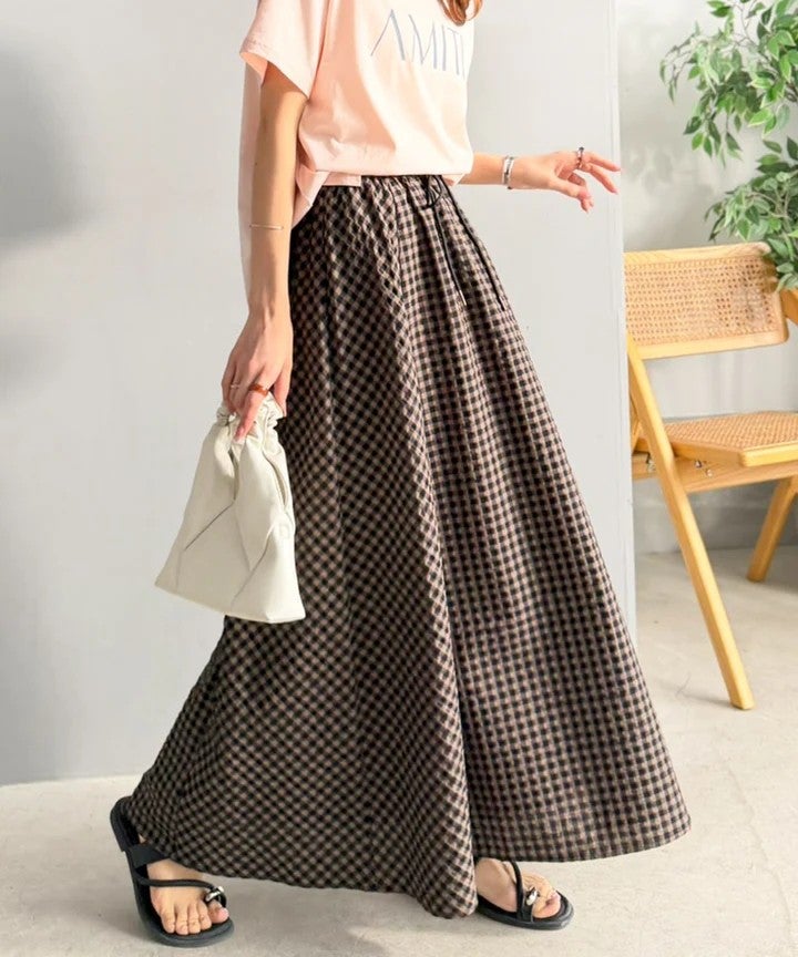 Classical Elf 爽やかに、軽やかに!大人の春夏スカート。サッカーチェックバイヤス切替フレアスカート商品画像-14