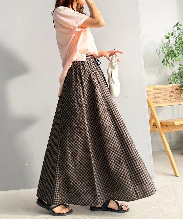 Classical Elf　爽やかに、軽やかに！大人の春夏スカート。サッカーチェックバイヤス切替フレアスカート商品画像-15