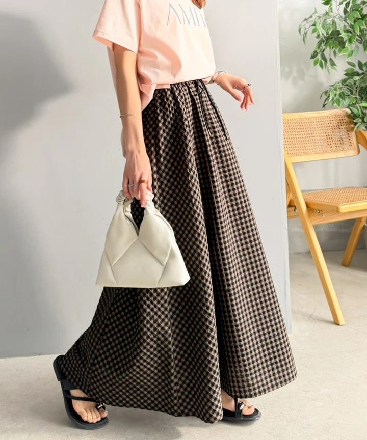 Classical Elf 爽やかに、軽やかに!大人の春夏スカート。サッカーチェックバイヤス切替フレアスカート商品画像-16