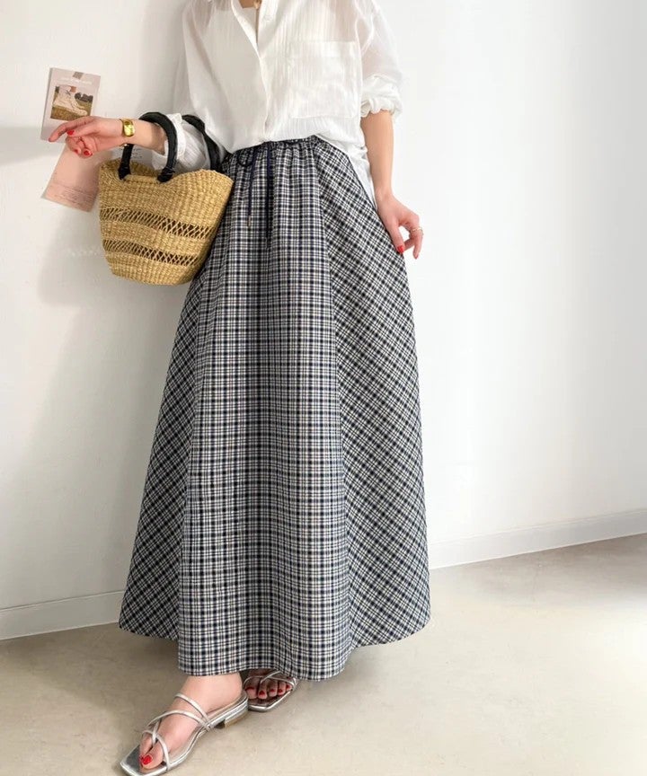 Classical Elf　爽やかに、軽やかに！大人の春夏スカート。サッカーチェックバイヤス切替フレアスカート商品画像-33
