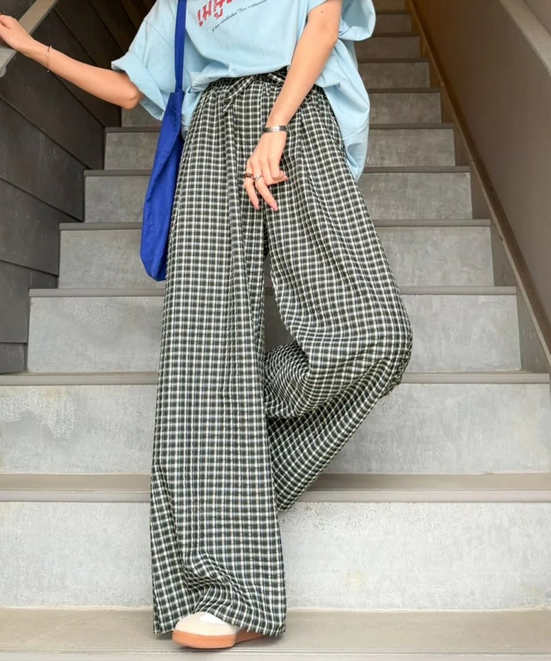 Classical Elf　履くだけでお洒落見え。涼しげ素材で魅せる。サッカーチェックタックワイドパンツ商品画像-3