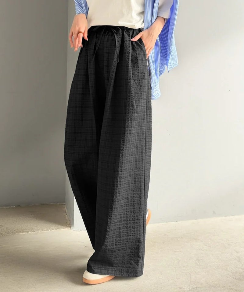 Classical Elf　履くだけでお洒落見え。涼しげ素材で魅せる。サッカーチェックタックワイドパンツ商品画像-5