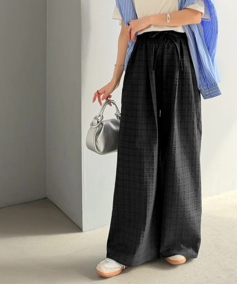 Classical Elf 履くだけでお洒落見え。涼しげ素材で魅せる。サッカーチェックタックワイドパンツ商品画像-8