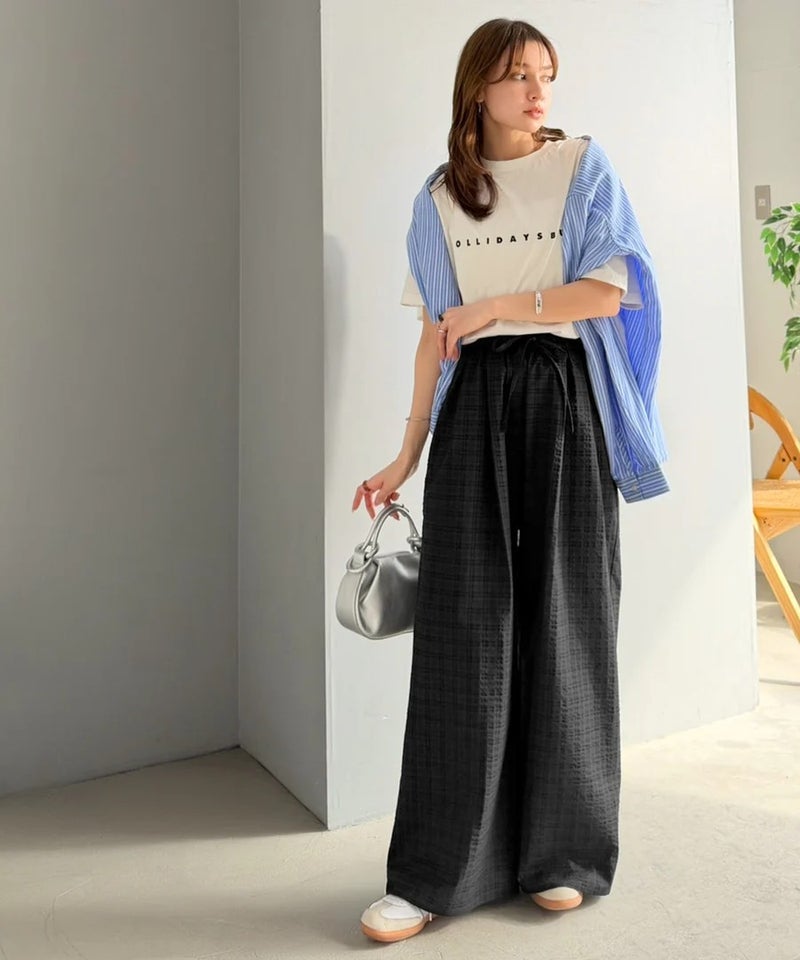 Classical Elf　履くだけでお洒落見え。涼しげ素材で魅せる。サッカーチェックタックワイドパンツ商品画像-9