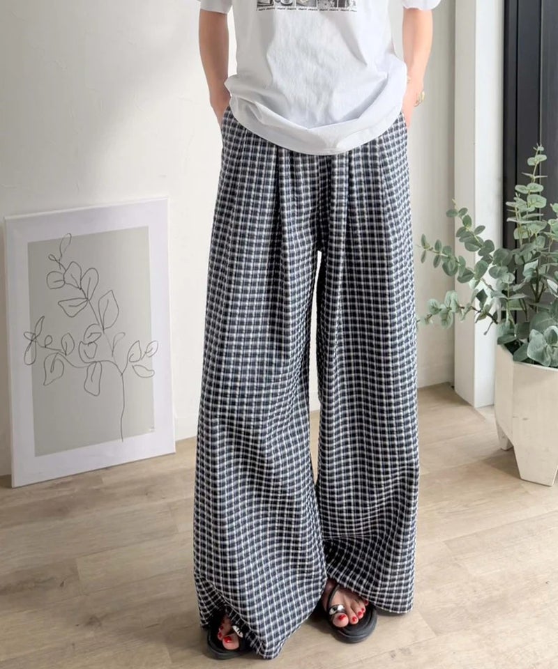 Classical Elf　履くだけでお洒落見え。涼しげ素材で魅せる。サッカーチェックタックワイドパンツ商品画像-24