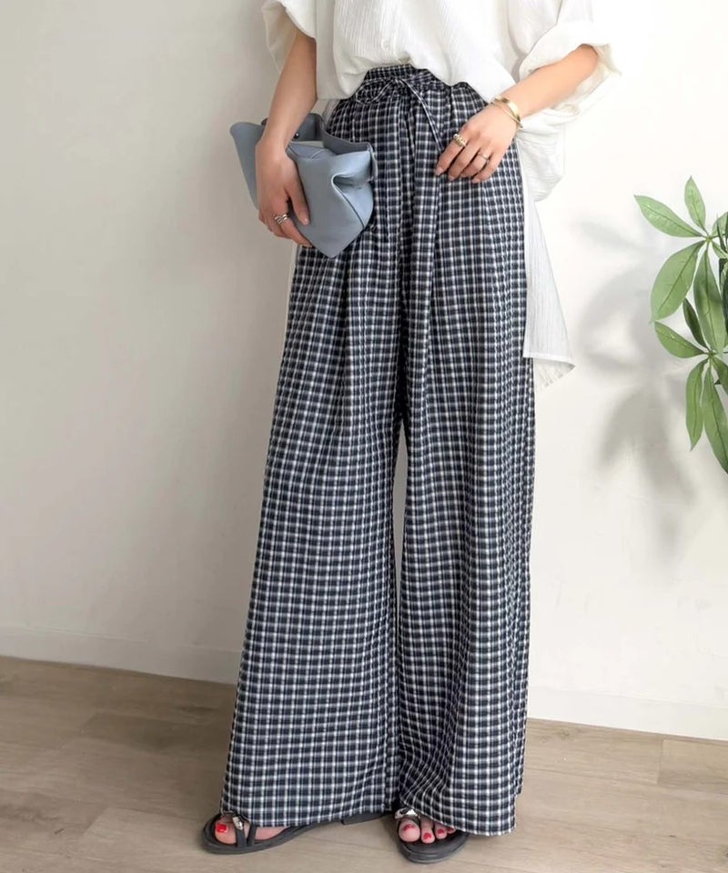 Classical Elf　履くだけでお洒落見え。涼しげ素材で魅せる。サッカーチェックタックワイドパンツ商品画像-26