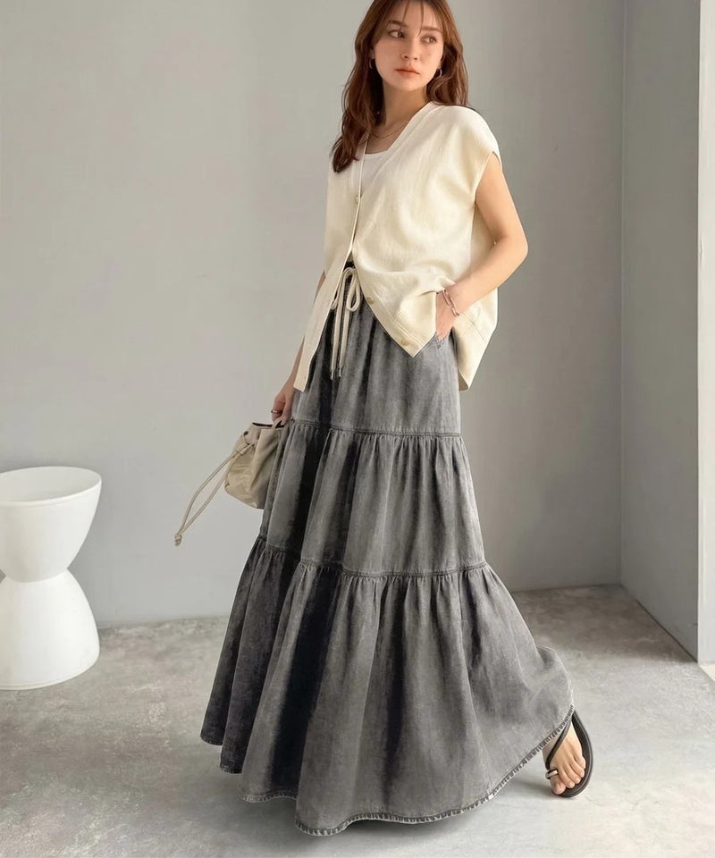 Classical Elf　ヴィンテージ感漂う。綿100％ シワ加工デニムティアードスカート商品画像-4