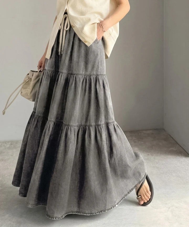 Classical Elf ヴィンテージ感漂う。綿100% シワ加工デニムティアードスカート商品画像-6