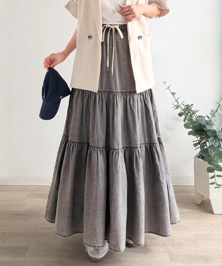 Classical Elf ヴィンテージ感漂う。綿100% シワ加工デニムティアードスカート商品画像-8