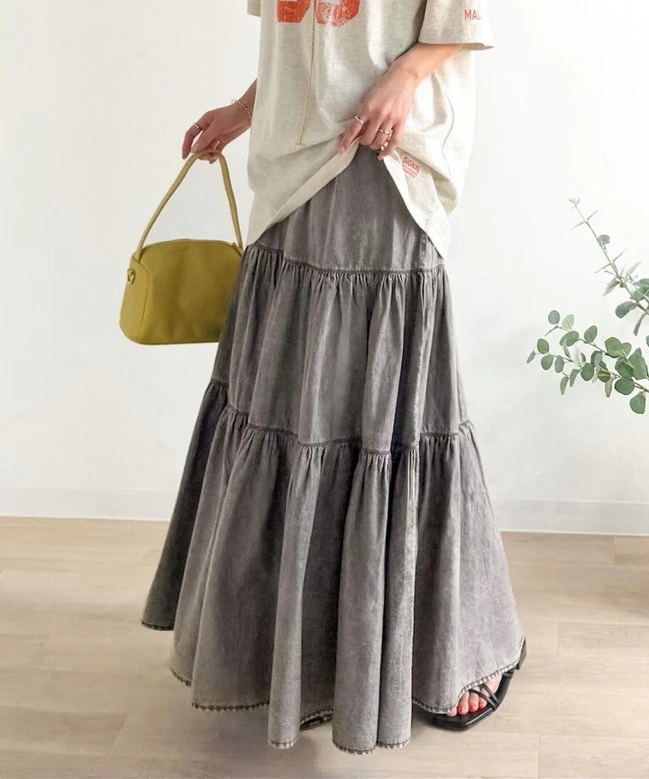 Classical Elf ヴィンテージ感漂う。綿100% シワ加工デニムティアードスカート商品画像-11