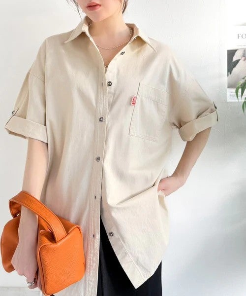 Classical Elf　《JaVaジャバコラボ》さらっとプラス1枚の大人カジュアル♪綿100％ライトオンスデニム素材袖ロールアップシャツ（半袖）商品画像-2