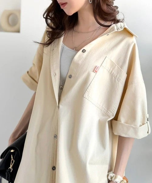 Classical Elf 《JaVaジャバコラボ》さらっとプラス1枚の大人カジュアル♪綿100%ライトオンスデニム素材袖ロールアップシャツ(半袖)商品画像-5