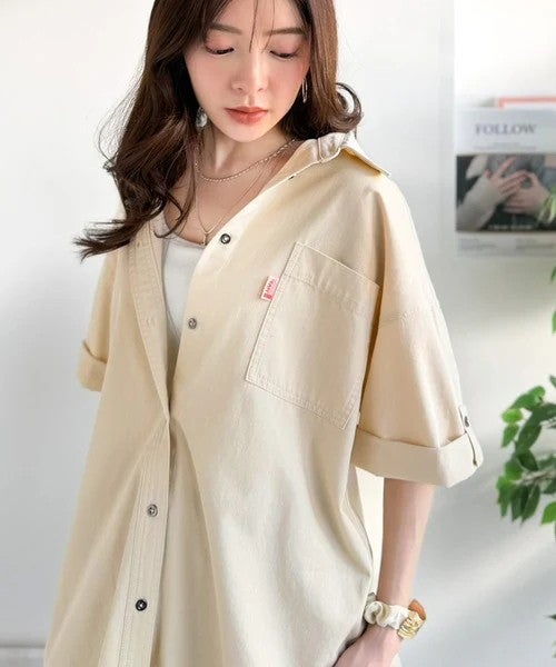 Classical Elf 《JaVaジャバコラボ》さらっとプラス1枚の大人カジュアル♪綿100%ライトオンスデニム素材袖ロールアップシャツ(半袖)商品画像-6