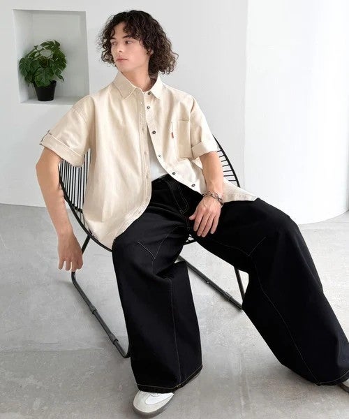 Classical Elf 《JaVaジャバコラボ》さらっとプラス1枚の大人カジュアル♪綿100%ライトオンスデニム素材袖ロールアップシャツ(半袖)商品画像-18