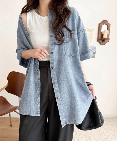 Classical Elf 《JaVaジャバコラボ》さらっとプラス1枚の大人カジュアル♪綿100%ライトオンスデニム素材袖ロールアップシャツ(半袖)商品画像-21