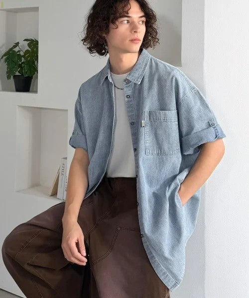 Classical Elf 《JaVaジャバコラボ》さらっとプラス1枚の大人カジュアル♪綿100%ライトオンスデニム素材袖ロールアップシャツ(半袖)商品画像-27