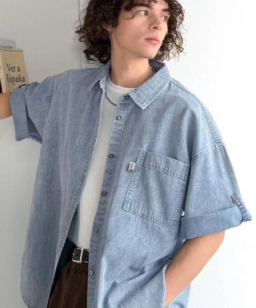 Classical Elf 《JaVaジャバコラボ》さらっとプラス1枚の大人カジュアル♪綿100%ライトオンスデニム素材袖ロールアップシャツ(半袖)商品画像-28