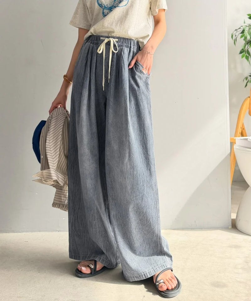 Classical Elf 《JaVa ジャバコラボ》まるで呼吸するような軽やかさ。綿100%シワ加工デニム2タックイージーパンツ商品画像-2