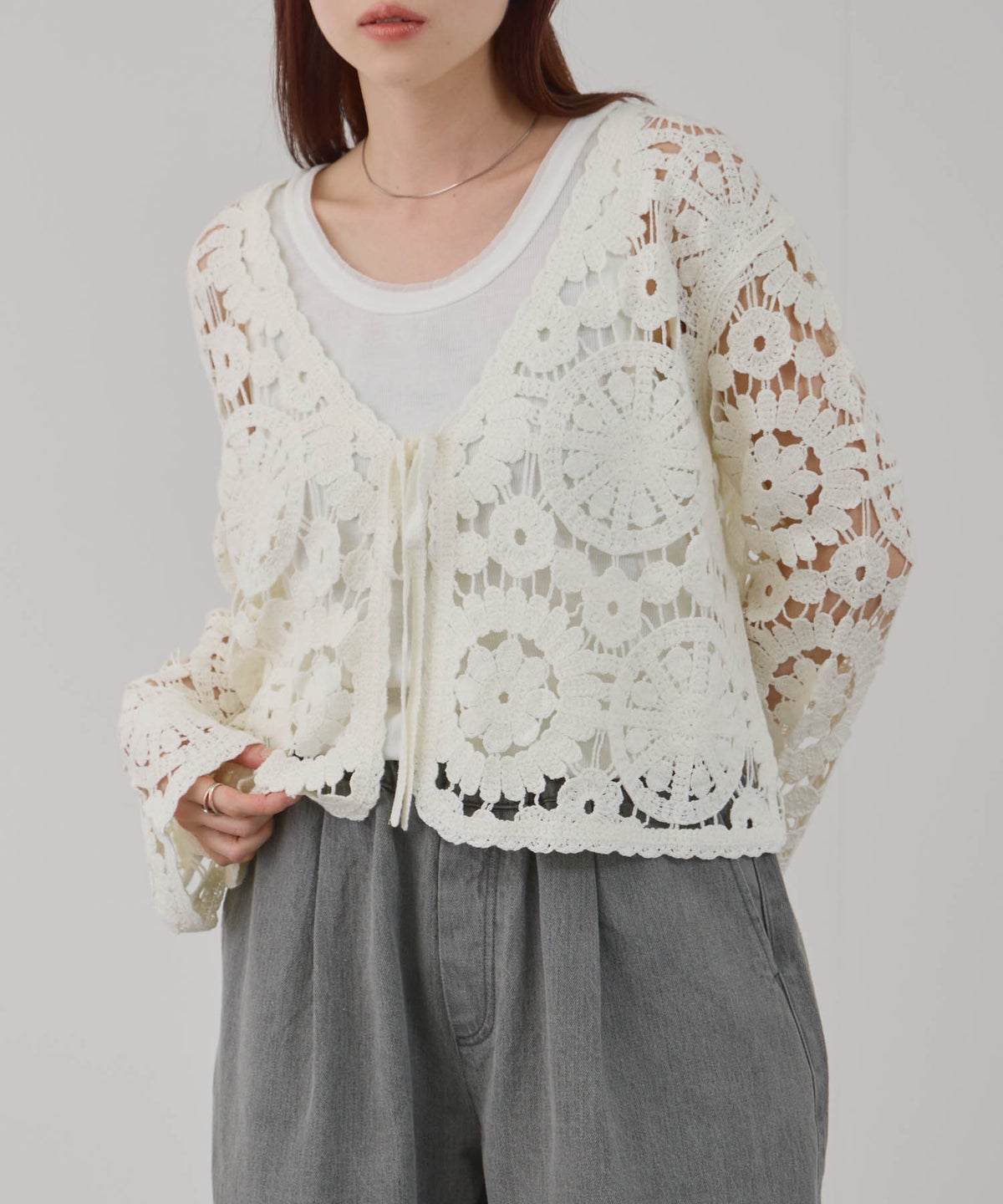 Free Nature フラワーモチーフクロシェ編みカーディガン レディース