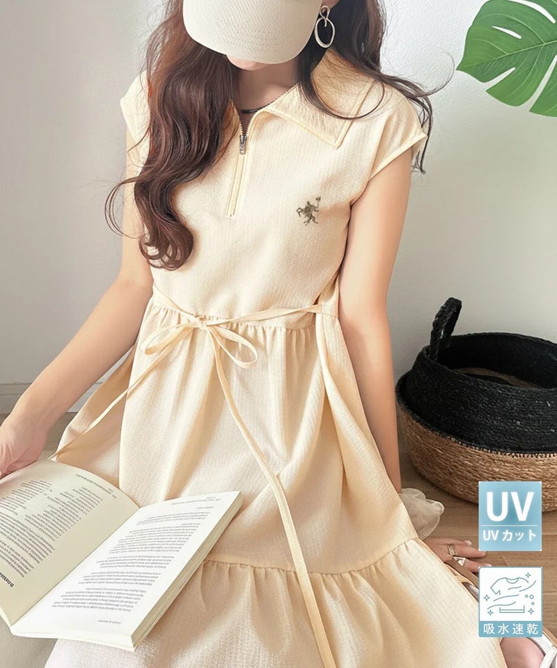 Classical Elf 【UVカット ・吸湿速乾 ・防シワ機能付き】ヘルシーな肌見せで、抜け感のある大人カジュアル♪サッカーハーフジップフレンチスリーブティアードワンピース商品画像-2