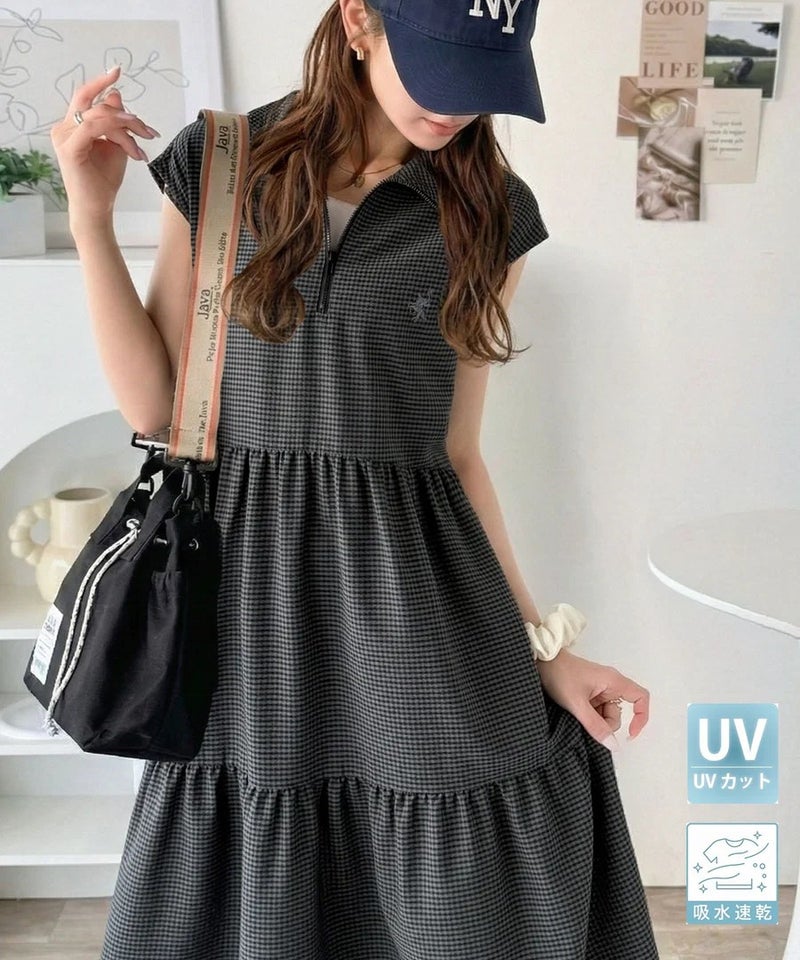 Classical Elf 【UVカット ・吸湿速乾 ・防シワ機能付き】ヘルシーな肌見せで、抜け感のある大人カジュアル♪サッカーハーフジップフレンチスリーブティアードワンピース商品画像-3