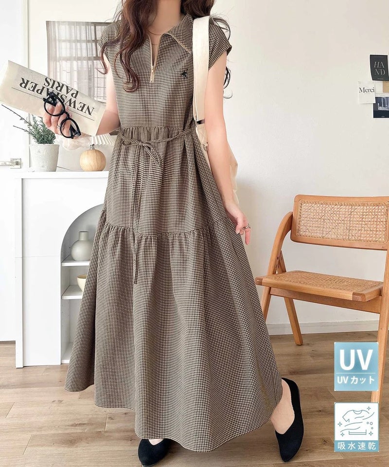 Classical Elf 【UVカット ・吸湿速乾 ・防シワ機能付き】ヘルシーな肌見せで、抜け感のある大人カジュアル♪サッカーハーフジップフレンチスリーブティアードワンピース商品画像-4