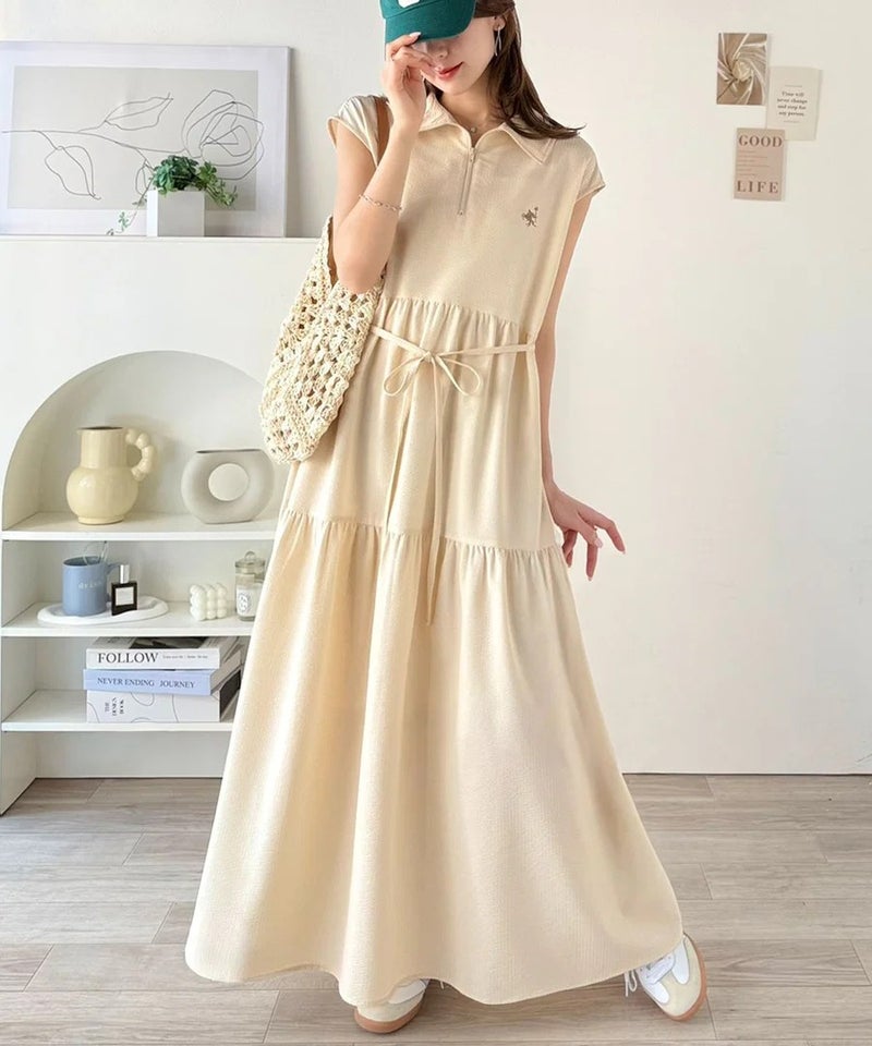 Classical Elf 【UVカット ・吸湿速乾 ・防シワ機能付き】ヘルシーな肌見せで、抜け感のある大人カジュアル♪サッカーハーフジップフレンチスリーブティアードワンピース商品画像-8