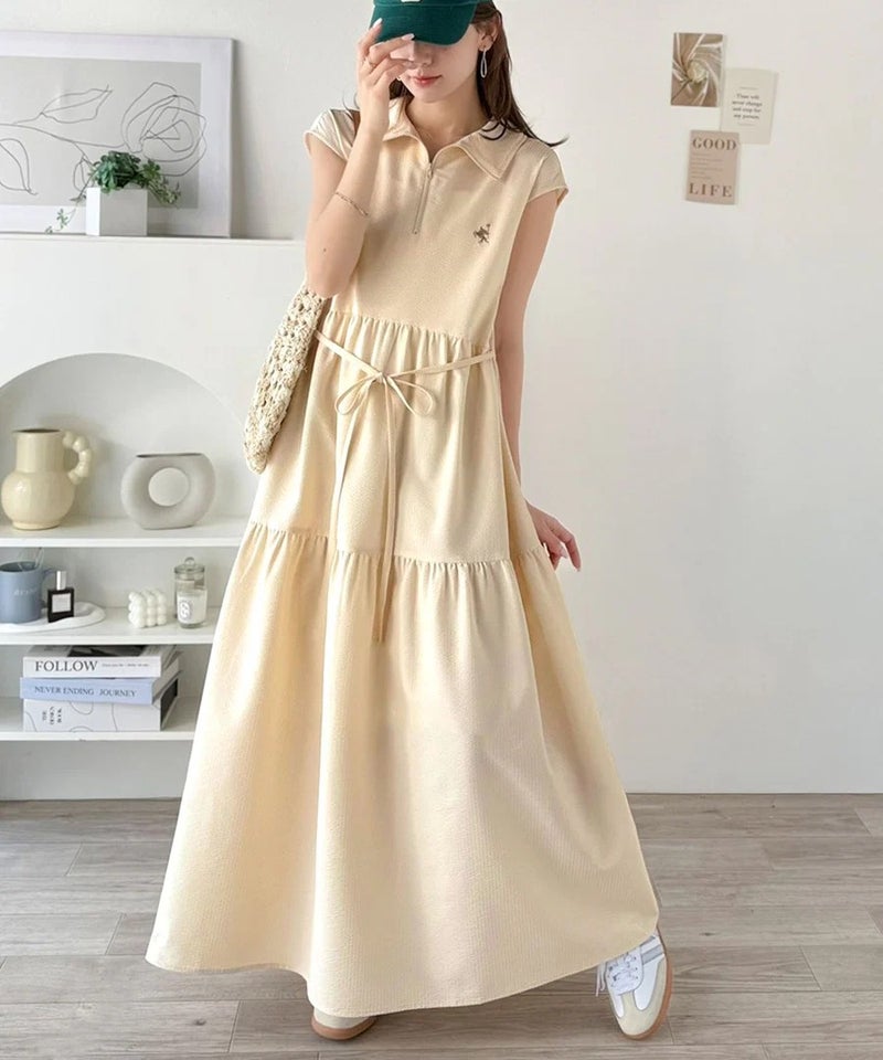 Classical Elf 【UVカット ・吸湿速乾 ・防シワ機能付き】ヘルシーな肌見せで、抜け感のある大人カジュアル♪サッカーハーフジップフレンチスリーブティアードワンピース商品画像-10