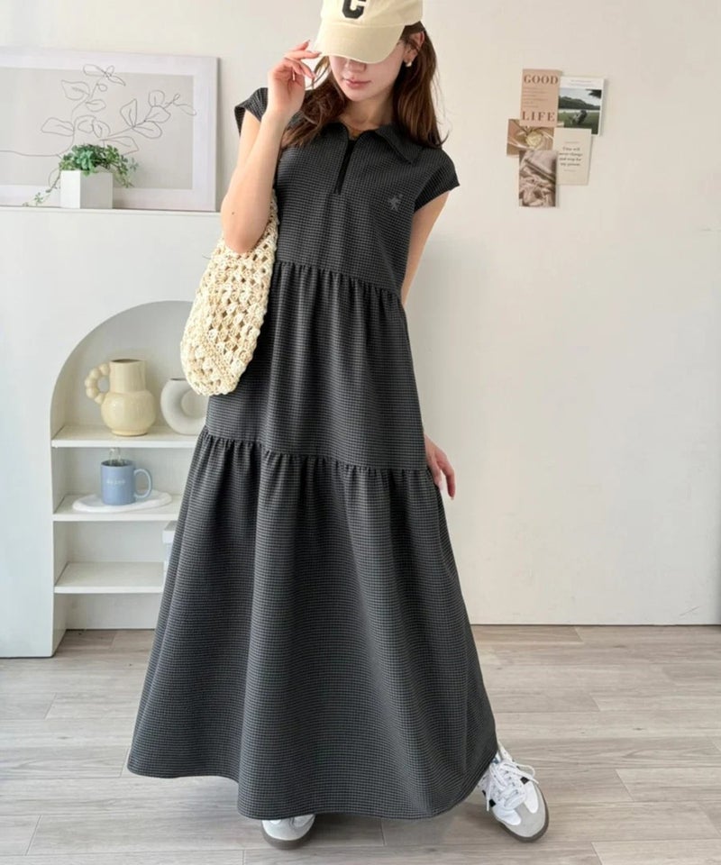 Classical Elf 【UVカット ・吸湿速乾 ・防シワ機能付き】ヘルシーな肌見せで、抜け感のある大人カジュアル♪サッカーハーフジップフレンチスリーブティアードワンピース商品画像-20