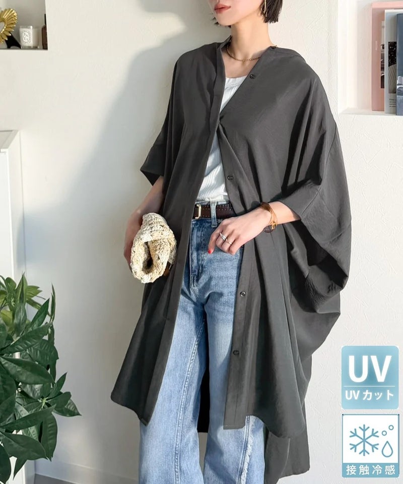 Classical Elf【UVカット・防シワ・吸水速乾・接触冷感機能付き】一枚で視線をさらう。バンドカラービッグチュニックシャツ(半袖)商品画像-2