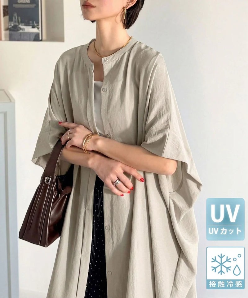Classical Elf【UVカット・防シワ・吸水速乾・接触冷感機能付き】一枚で視線をさらう。バンドカラービッグチュニックシャツ（半袖）商品画像-3