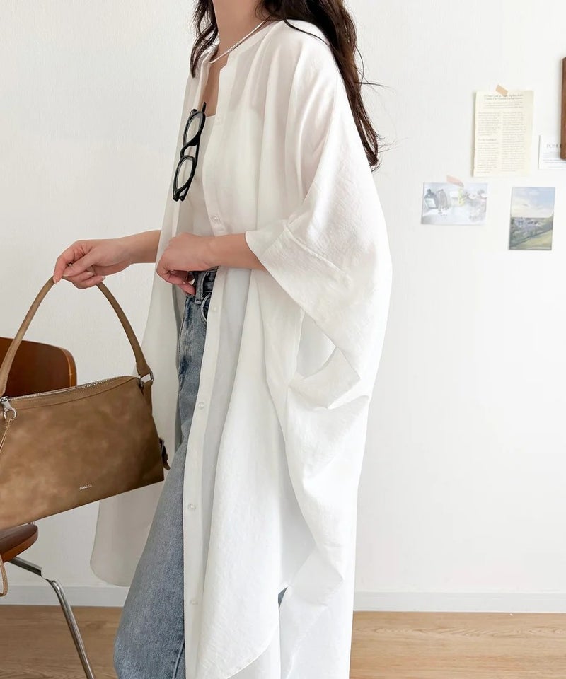 Classical Elf【UVカット・防シワ・吸水速乾・接触冷感機能付き】一枚で視線をさらう。バンドカラービッグチュニックシャツ(半袖)商品画像-4