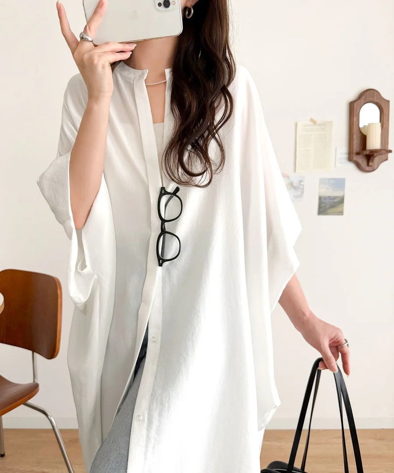 Classical Elf【UVカット・防シワ・吸水速乾・接触冷感機能付き】一枚で視線をさらう。バンドカラービッグチュニックシャツ(半袖)商品画像-5