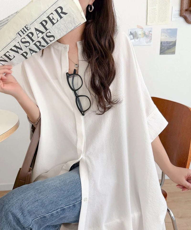 Classical Elf【UVカット・防シワ・吸水速乾・接触冷感機能付き】一枚で視線をさらう。バンドカラービッグチュニックシャツ(半袖)商品画像-6