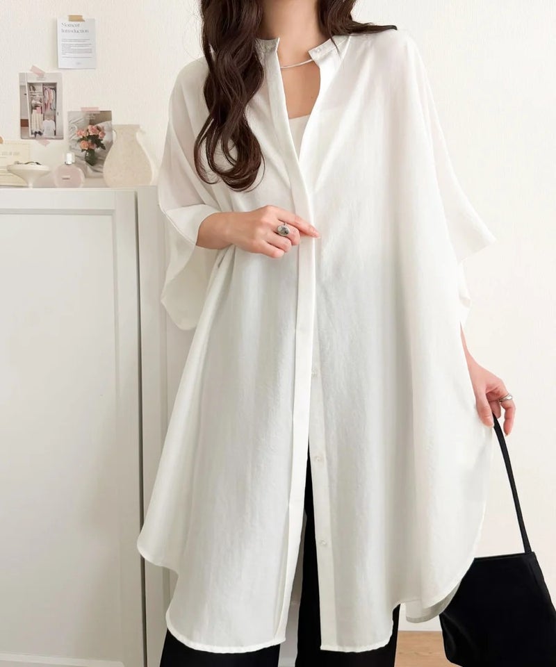 Classical Elf【UVカット・防シワ・吸水速乾・接触冷感機能付き】一枚で視線をさらう。バンドカラービッグチュニックシャツ(半袖)商品画像-7