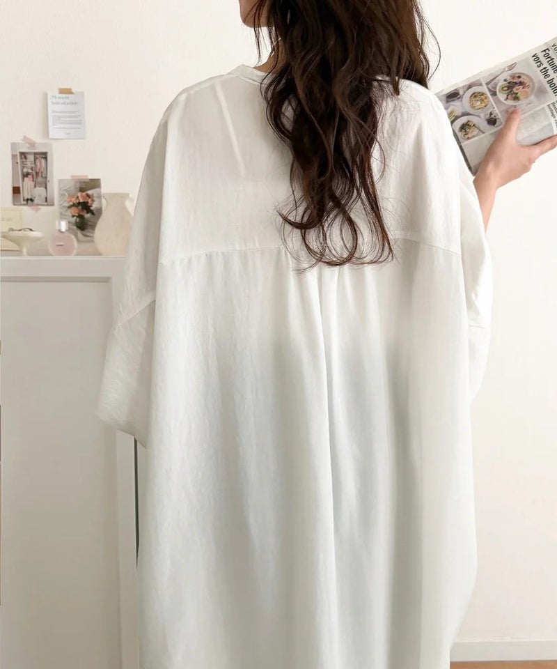 Classical Elf【UVカット・防シワ・吸水速乾・接触冷感機能付き】一枚で視線をさらう。バンドカラービッグチュニックシャツ(半袖)商品画像-8