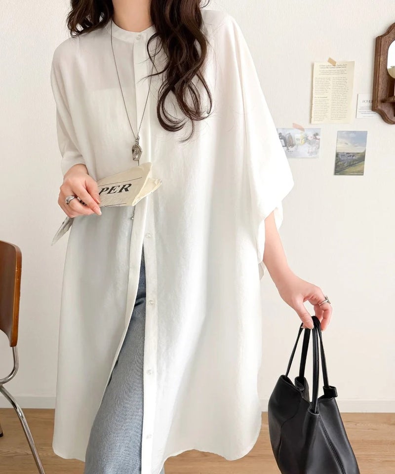 Classical Elf【UVカット・防シワ・吸水速乾・接触冷感機能付き】一枚で視線をさらう。バンドカラービッグチュニックシャツ（半袖）商品画像-9