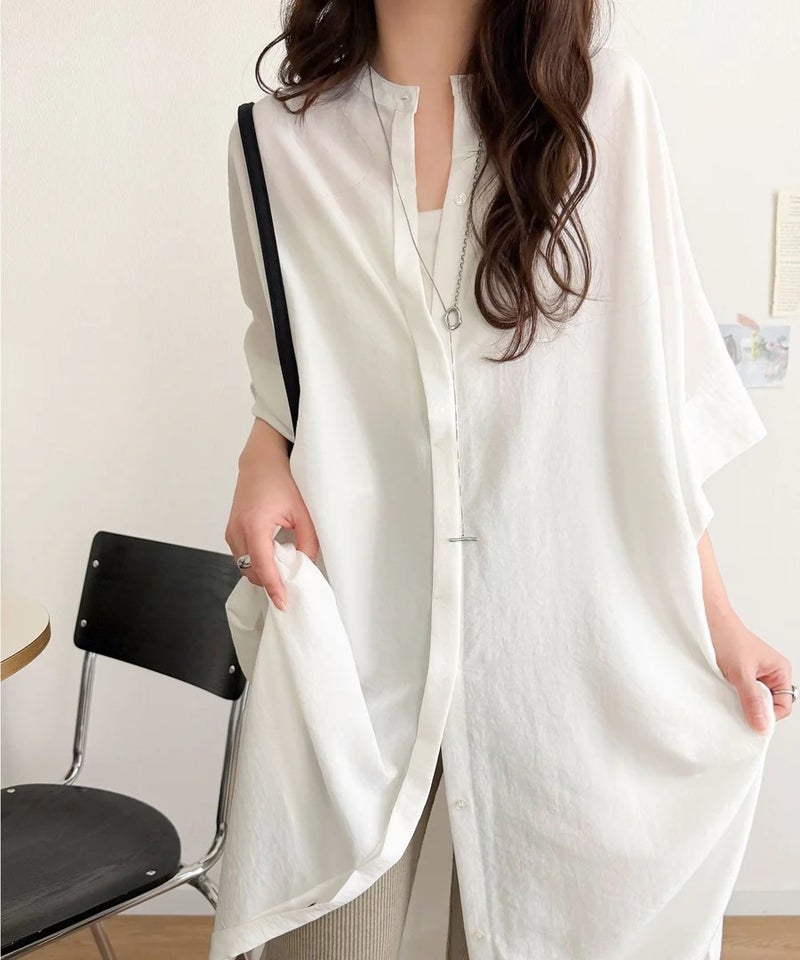 Classical Elf【UVカット・防シワ・吸水速乾・接触冷感機能付き】一枚で視線をさらう。バンドカラービッグチュニックシャツ（半袖）商品画像-10