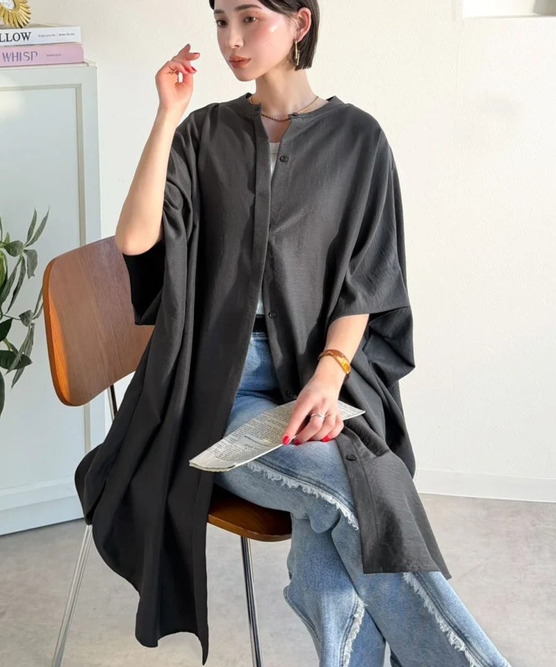 Classical Elf【UVカット・防シワ・吸水速乾・接触冷感機能付き】一枚で視線をさらう。バンドカラービッグチュニックシャツ(半袖)商品画像-12