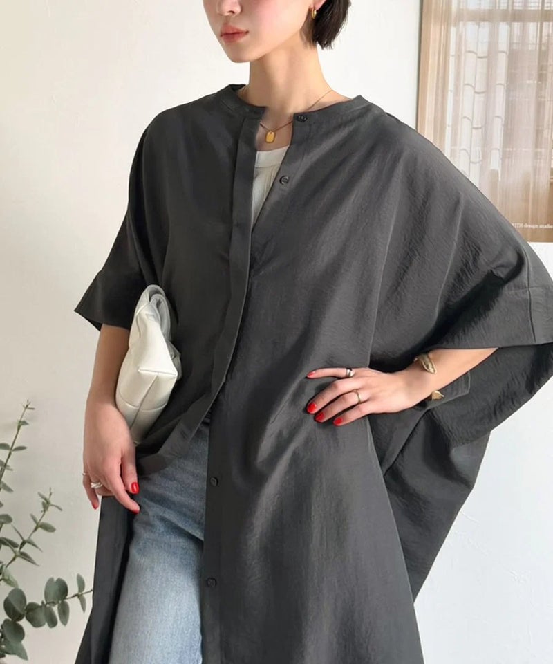 Classical Elf【UVカット・防シワ・吸水速乾・接触冷感機能付き】一枚で視線をさらう。バンドカラービッグチュニックシャツ(半袖)商品画像-15