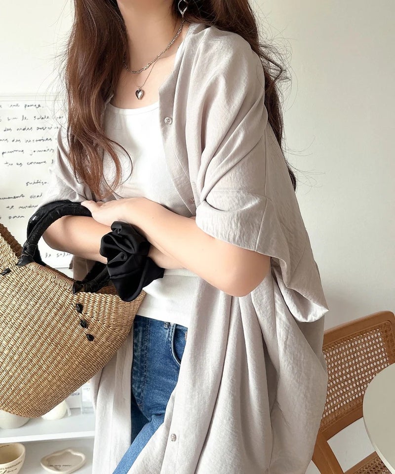 Classical Elf【UVカット・防シワ・吸水速乾・接触冷感機能付き】一枚で視線をさらう。バンドカラービッグチュニックシャツ（半袖）商品画像-19