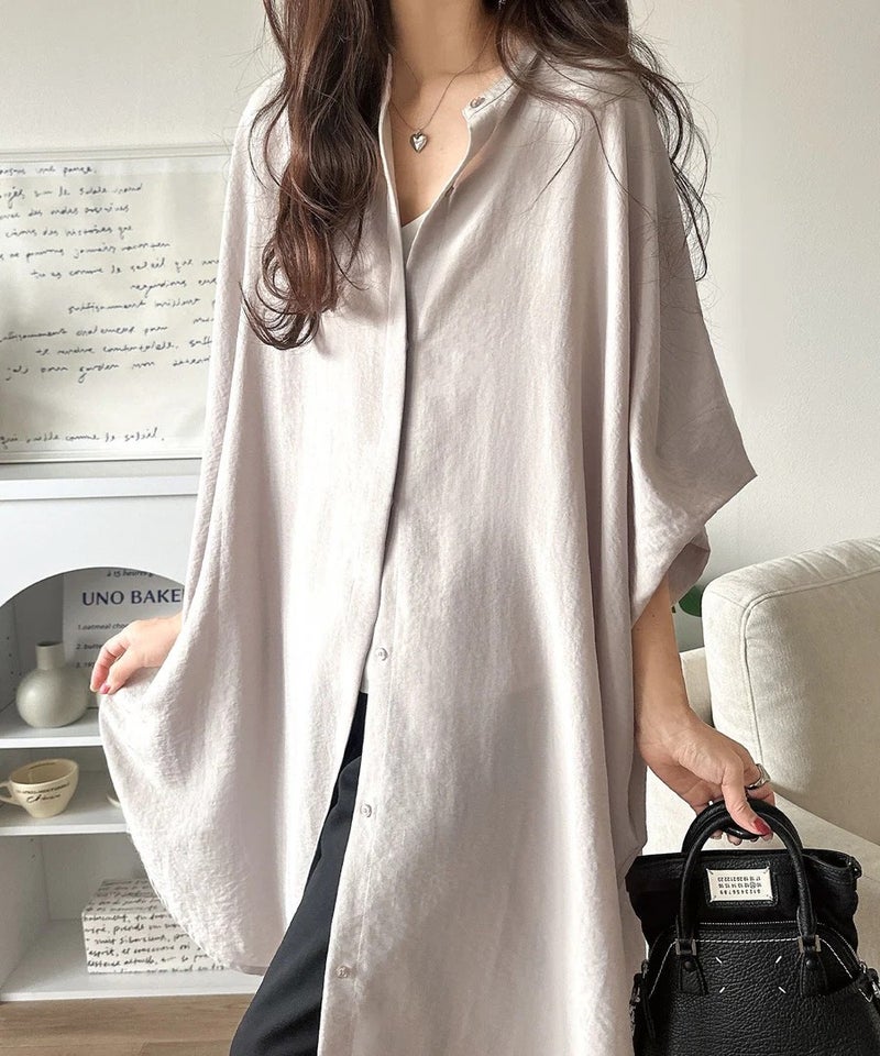 Classical Elf【UVカット・防シワ・吸水速乾・接触冷感機能付き】一枚で視線をさらう。バンドカラービッグチュニックシャツ(半袖)商品画像-22