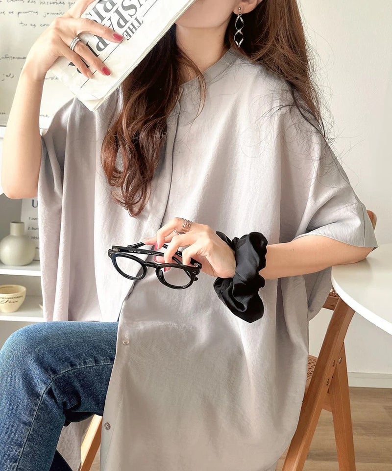 Classical Elf【UVカット・防シワ・吸水速乾・接触冷感機能付き】一枚で視線をさらう。バンドカラービッグチュニックシャツ(半袖)商品画像-25