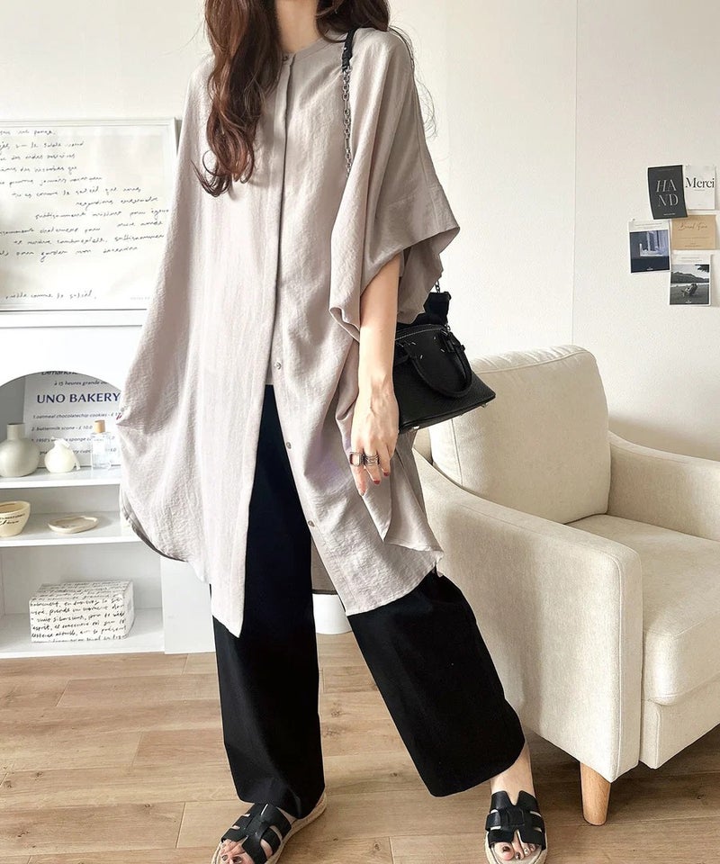 Classical Elf【UVカット・防シワ・吸水速乾・接触冷感機能付き】一枚で視線をさらう。バンドカラービッグチュニックシャツ（半袖）商品画像-29