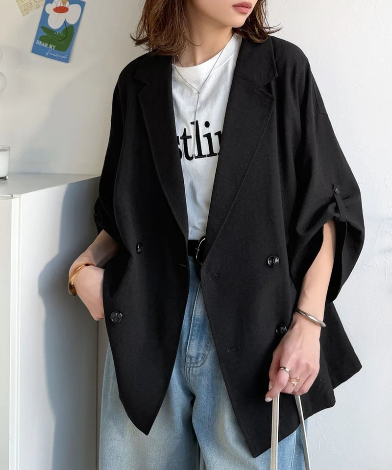 Classical Elf【UVカット・防シワ・接触冷感・吸水速乾機能付き】デイリーにもオフィスにも。ビッグシルエットハーフスリーブダブルジャケット(半袖)商品画像-12